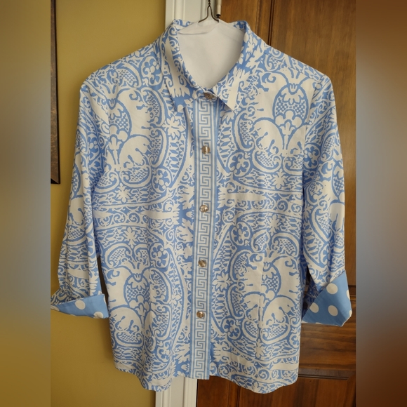 PATTY KIM Women's Blue/White Blouse - Size Large - Picture 1 of 8